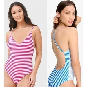Kate Spade Ringmaster VNeck One-Piece Swimsuit RADIANT PINK Pink/White Stripe XL
